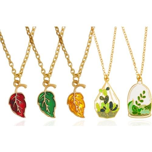 Cute Green Plant Leaves Pendant Necklace Botany Cactus Potted plants For Women Leaf Colored Kids Necklace Daily Jewelry Gift