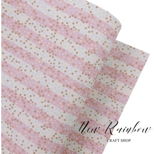 New Rainbow 30x138cm/roll Pink & White Stripes With Gold Dots Artisan Faux Leather For Making Bows, Earrings, DIY Crafts