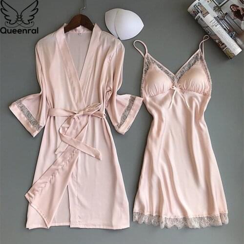 Queenral 2PCS Women Pajamas Silk Satin Robe Nightgown Set Sleepwear Home Suit Night Sleep Plus Size M-XXL Intimate Lingerie