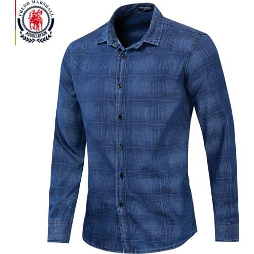 Fredd Marshall New 100% Cotton Fashion Denim Shirt Men Plaid Shirt Long Sleeve Slim Fit Casual Shirts Male Brand Clothing 203