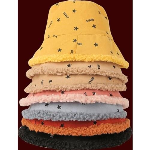 Women Bucket Hat Winter Suede Artificial Fur Thick Warm Plush Cap Wool Fleece Fisherman Caps Star Print Sunscreen Panama Cap
