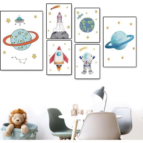Nordic posters and prints cartoon astronaut rocket ship star wall art canvas painting kindergarten wall picture kids room decora