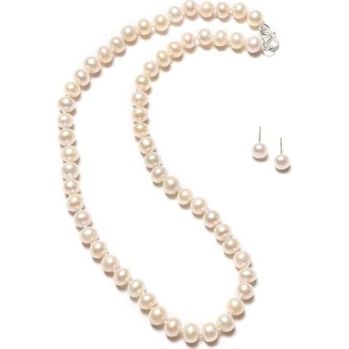 The 7-8 MM slender pearl necklace with small pearl earrings and Milk Yellow oval shape Natural Pearl Jewelry Set