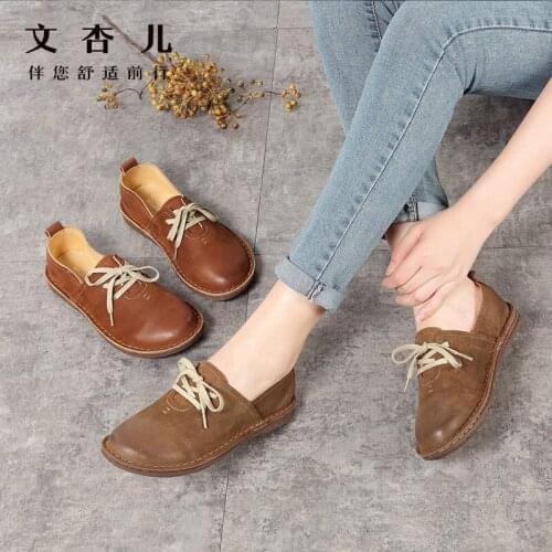 Womens Vulcanize Shoes Lace Up Casual Shoes Leather stitching Shallow mouth Genuine Leather women flats Footwear Walking Shoes