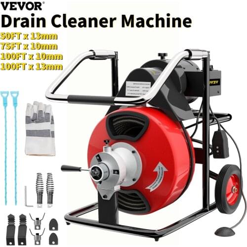 VEVOR Electric Drain Auger Pipe Cleaner Unblocker Plunger Tool with 50FT 75FT 100FT x 1/2 or 3/8 in Cable Mini Cleaning Machine