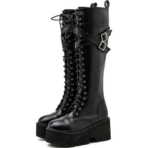 YMECHIC Autumn 2020 New Biker Knight Knee High Long Lace Up Boots Black Buckle Cross Strap Platform Punk Goth Shoes Botas Woman