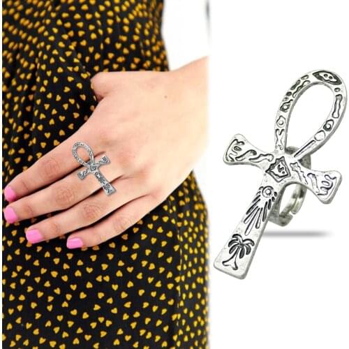 Vintage Gold Silver Plated Tribal Egypt Egyptian Life Carved Ankh Cross Gothic Band Finger Rings For Women Jewelry Dropshipping