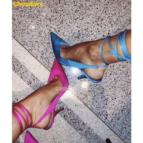 Choudory Newest Satin Cloth High Heel Shoes Silk Fabric V-out Lace-up Fastening Banquet Pumps Pointy Toe Wedding Heels Size47