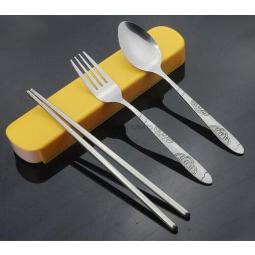 By dhl 100Set 3pcs/set of tableware fork kitchen set Travel camping Stainless Steel Cutlery Portable box case Picnic
