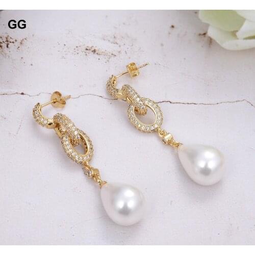 GuaiGuai Jewelry Teardrop White Sea Shell Pearl Cz Pave Post Earrings For Women
