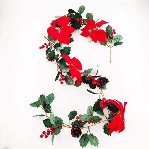 1.75m/2.45m Artificial Leaves Vines Red Flower Green Leaves Vines Christmas Outdoor Garden Decoration Artificial Plants