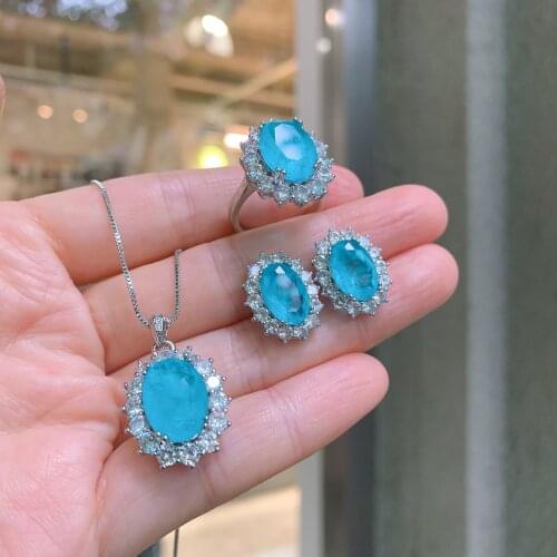QTT Luxury Paraiba Tourmaline Gemstone Jewelry Sets Brilliant Wedding Bridal Necklace Ring Earrings Party Accessories