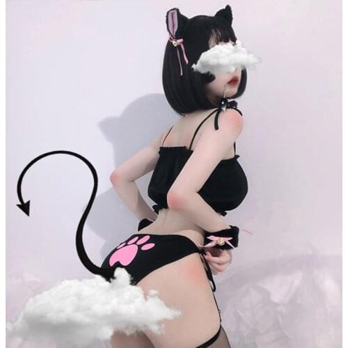 The New Sexy Bikini Vestidos Costumes Adult In Carnival Party Anime Cosplay for Lovely Cat Breast Underwear Hollow Out Bra Set