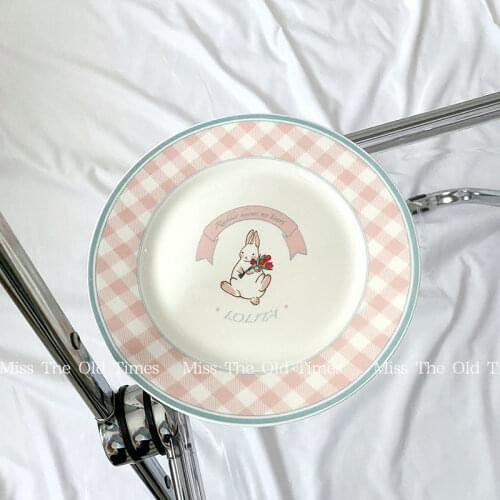 Korean Ceramic Plate Rabbit Cute Girl Heart Hand Painted Lattice Plate Retro Cake Dessert Plate Water Fruit Plate