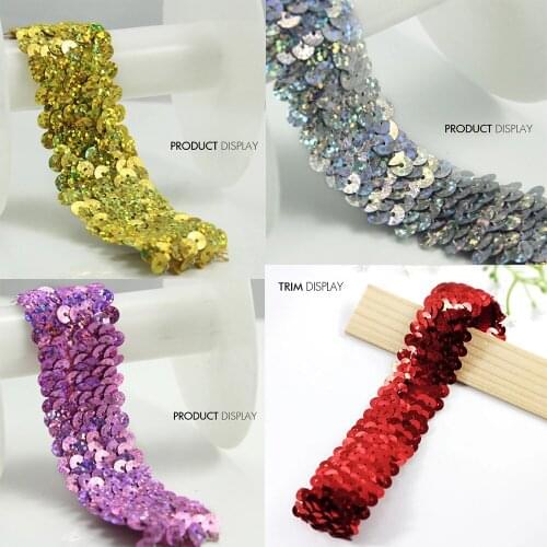 Lace Fabric Bead Elastic Stretch 3 Row Glitter Gold Sequin Ribbon Applique Trim for Vestido Dress Sewing Supplies 30yard/T703