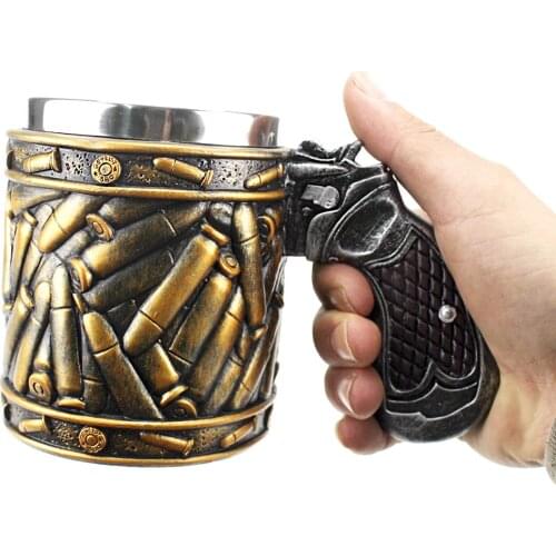 Revolver Gun Pistol Tankard Mug With Ammo Bullet Round Shells Mugs Cup Bottle Birthday Christmas Halloween Gift 400ml