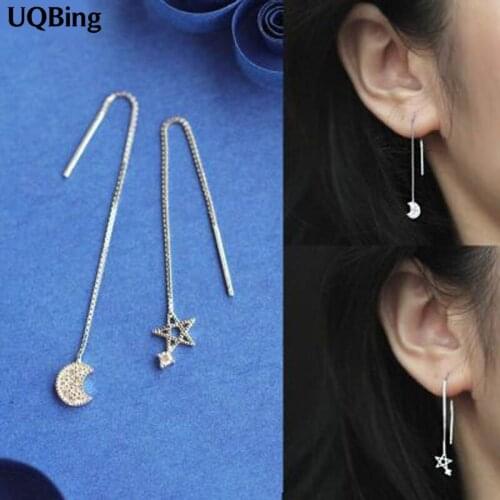 Fashion 925 Sterling Silver Star With Moon Drop Earrings With Rhinestone Long Chain Earrings Jewelry Wholesale Free Shipping