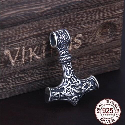 Real 925 Sterling Silver Thor Hammer Mjolnir choker Viking Amulet Scandinavian pendant necklace Norse Men Jewelry