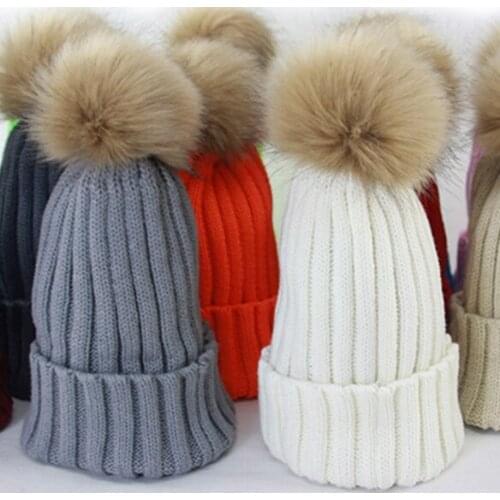 Autumn Winter Beanies Hat knitted Skullies Real Raccoon Fur Pom poms Pompom Casual Cap For Women Kids Ski Gorro Removable Snaps