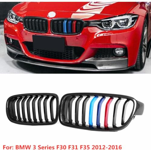 2x F30 Front Bumper Grill for BMW 3 Series F30 F31 F35 2012-2016 Kidney Grill Grille Glossy Black Carbon Fiber & ABS Car Styling