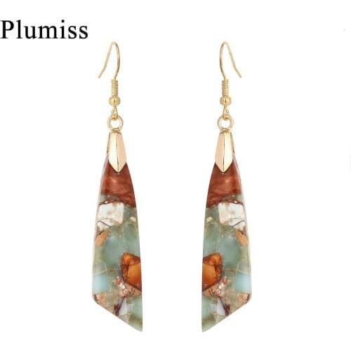 Plumiss Geometric Agalmatolite Dangle Earrings for Women Natural Stone Imperial Jaspers Flake Earrings Jewelry Gift Dropshipping