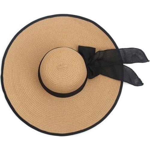 Beach Straw Hat Children Summer Travel Large Brim Sun Protection Sunshade Holiday Big Hat Along Sun Hat Solid Color Black Border
