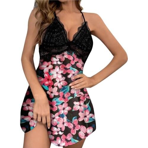 Sexy Women Nightdress V-neck Lace Splice Printed Dress Nightdress Backless Dress Pajamas Sleepshirts Sleepwear Night Wear
