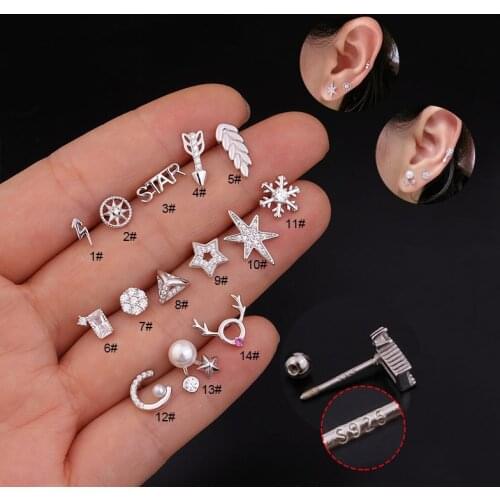 1PC S925 Silver Bar Cartilage Piercing Stud Helix Jewelry Tragus Conch Rook Earlobe Screw Back Earring