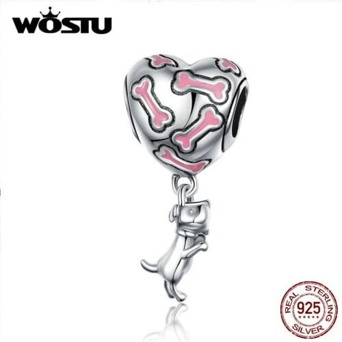 WOSTU Authentic 925 Sterling Silver Love Heart Cute Puppy Charm Dangle Beads Fit Bracelet & Necklace For Women Gift DXC1199