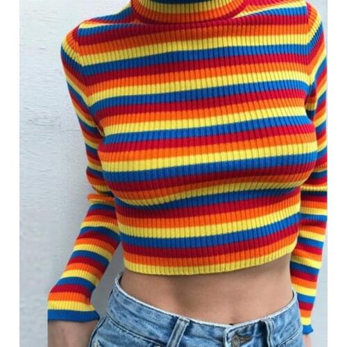 Rainbow Stripes Pullover Women Sweater Half High Collar Long Sleeve Fashion Streetwear Slim Lady All-match Sweaters Autumn 2021