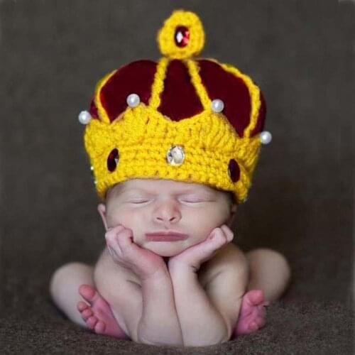 Handmade Crochet King Crown Baby Crystal Pearls Beanies Hats Caps Newborn Boy Girl Photography Props Knitted Cap H125