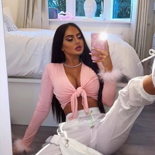 Pink Fur Bandage Cardigan Crop Top Women Fashion Sexy Long Sleeve V-neck Tops New Style Autumn Winter Popular Womens Cardigan
