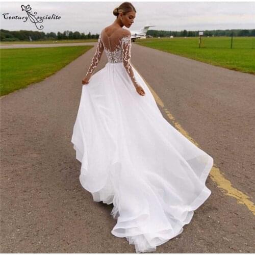 Boho Wedding Dresses for Women 2021 Long Sleeve Lace Appliques Beaded A-Line Bohemian Bridal Gowns Bride Dress Vestido De Noiva