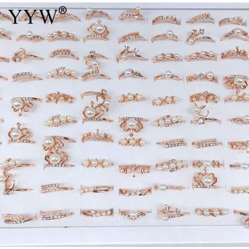 100pcs/Box Pearl Ring For Women Men Weeding Party Rings Fashion Jewelry Gift Gold Color Zinc Alloy Finger Ring Mix Size Rings