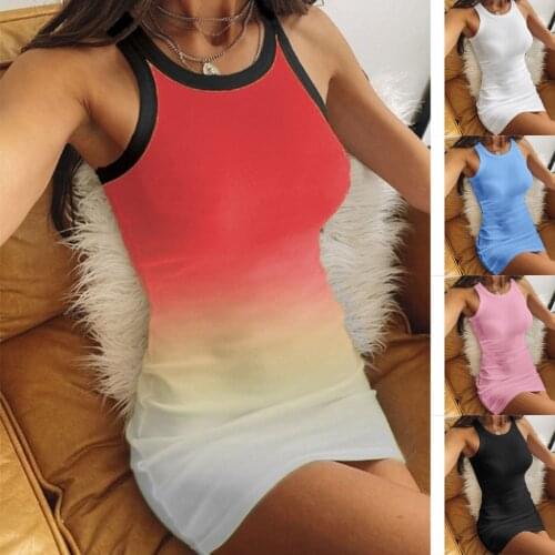 &35 Womens Lady Summer Dress Bodycon Dress O-neck Sleeveless Solid Sexy Dress Sling Sleeveless Tie-dye Pocket Cotton Dresses