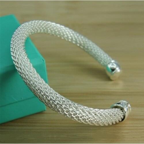 925 Sterling Silver Mesh Half Circle Open Bangle Bracelet For Woman Wedding Engagement Fashion Charm Party Jewelry Birthday Pres