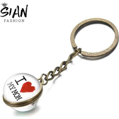 SIAN I Love My Mom Pendant Keychain I Love Mom Art Picture Glass Ball Key Ring Zinc Alloy Chain Women Jewelry Mothers Day Gifts