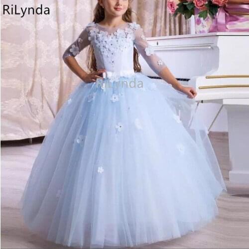 Ball Gown Flower Girl Dress Lace Appliques Baby Girls Party Dresses Cap Sleeves Puffy Back Bow First Communion Dress