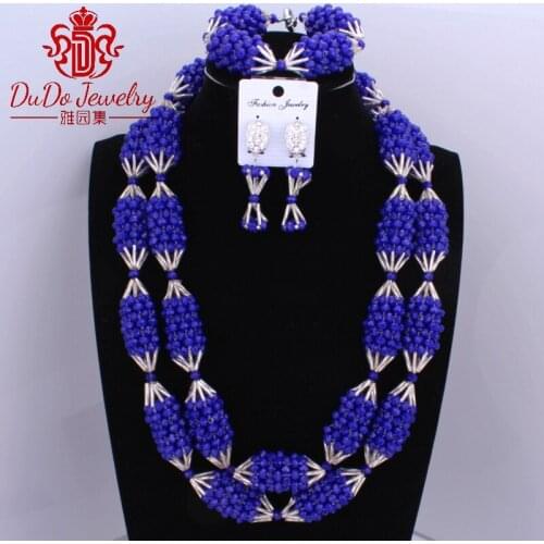 Free Shipping Royal Blue And Silver Big Design African Jewelry sets Long Necklace Nigerian Beads Wedding Dubai Jewelry sets