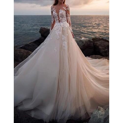 Illusion A Line Light Champagne Wedding Dress Long Sleeve Lace Appliqued Bridal Gown