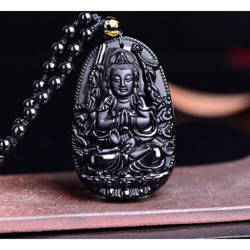 2020 Black Obsidian Carved Buddha Lucky Pendant Necklace For Women Men Long Beads Chain Necklace Amulet Buddhism Jewelry Gift
