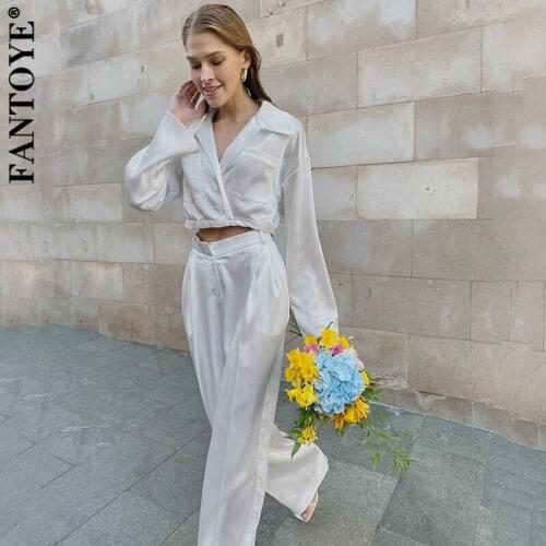 Fantoye Fashion Turn-down Collar Pocket Women Two Piece Sets White Long Sleeve Lace Up Sets Ladies Autumn Loose Streetwear 2021