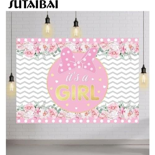 Its A Girl Pink Flowers Bowknot Mouse Backdrop Photography for Newborn Cake Smash Birthday Decorations Princess Background Booth