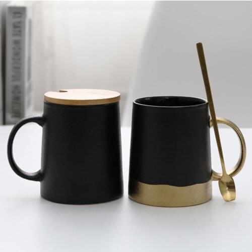 Nordic Ceramic Retro Coffee Mug with Lid and Spoon Simple Milk Tea Cup Creative Matte Black Gold Beer Water Mug Birthday Gift
