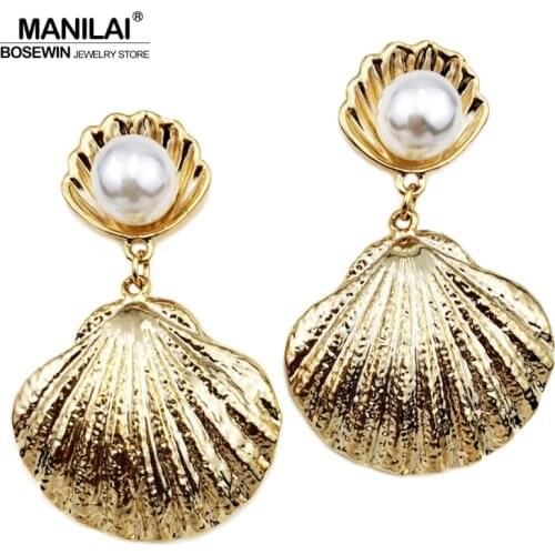 MANILAI Trendy Simulated Pearl Big Metal Shell Stud Earrings For Women Charm Jewelry Beach Boho Earrings Statement Pendientes