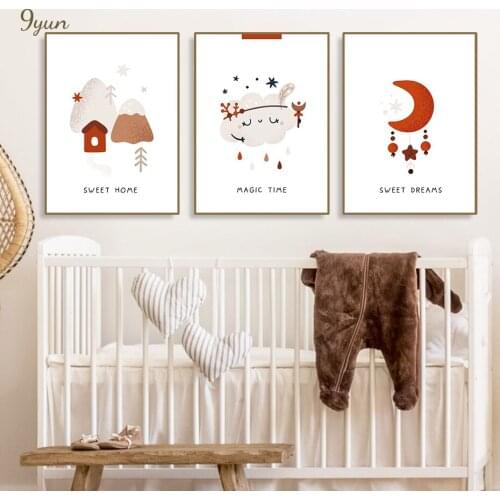 Cute Shaman Cloud Moon House kids Poster Childish Boho Wall Art Print Canvas Painting Baby Pictures Children Room Decor