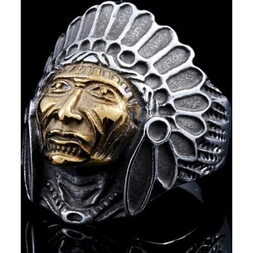 Vintage Indian Chief Ring Men Gold Silver Color 316L Stainless Steel Punk Biker Ring Fashion Charm Jewelry Factory Price