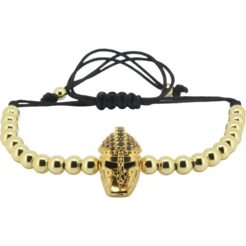 Anil Arjandas Men Bracelet 24k Roman Spartan Warrior Helmet Charm Micro Pave CZ& 5mm Beads Braided Macrame Bracelet