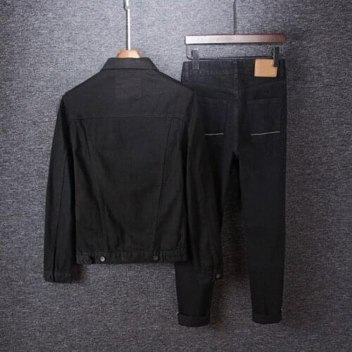 Men Black Denim Coat Slim Trousers Two Piece Set Autumn New Single Breasted Cowboy Jacket Casual Straight Pants Set M-3XL