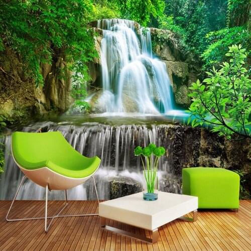 Custom Wall Mural Photo Wall Paper 3D Green Forest Waterfall Natural Landscape Painting Non-woven Straw Textured Wallpaper Mural